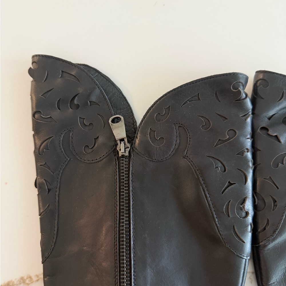 Italian Black Leather High Block Heel Knee Boots with Western Scalloped Top - Picture 5 of 5
